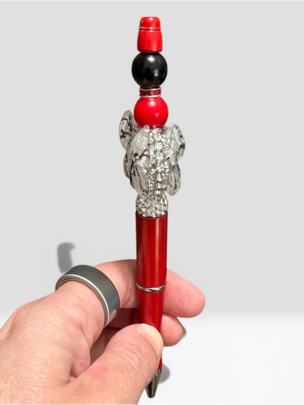 Handmade Red Butterfly Beaded Pen Rhinestone Decorative Ballpoint Pen - Picture 2 of 2